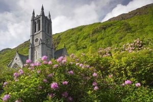 Image of 愛爾蘭旅遊景點高威郡凱爾莫爾修道院 Kylemore Abbey Connemara County Galway Ireland , Kylemore Abbey flower blossoming, The Gothic Church