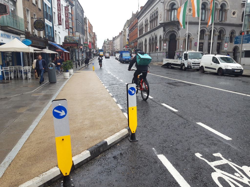 New buildout for outdoor dining and new cycle lanes  on Dame Street Dublin